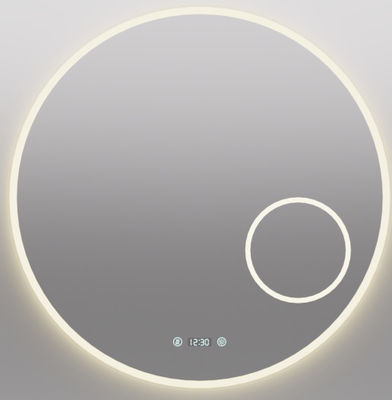 Espelho de banheiro LED inteligente com função anti-neve, exibição de tempo e temperatura, escurecimento sem passos, design à prova d'água, controle de duplo toque, temperatura de cor de 3000K ~ 6000K, dimensões e função personalizáveis